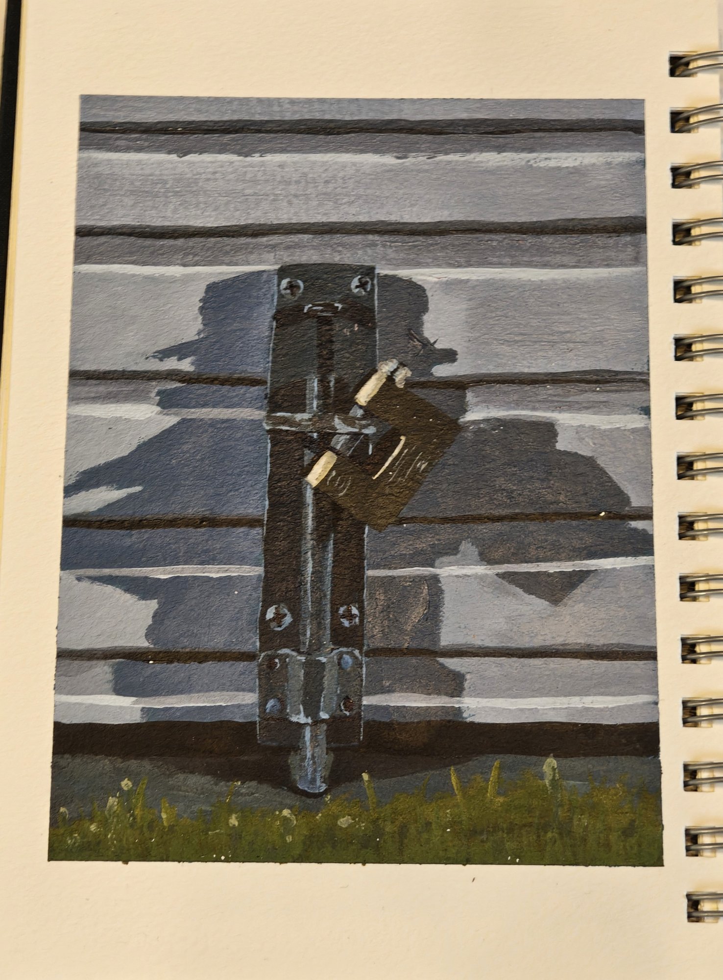 Acrylic study of a brass padlock on a garage door at night under two street lights