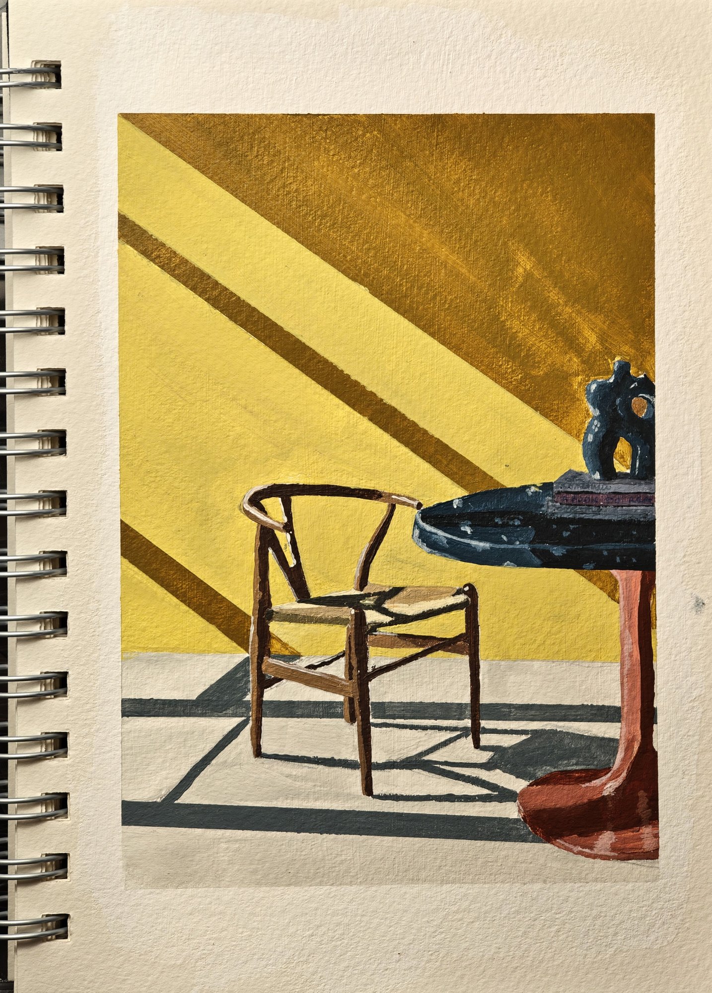 Acrylic study of a chair and small table with a copper stand in sunlight