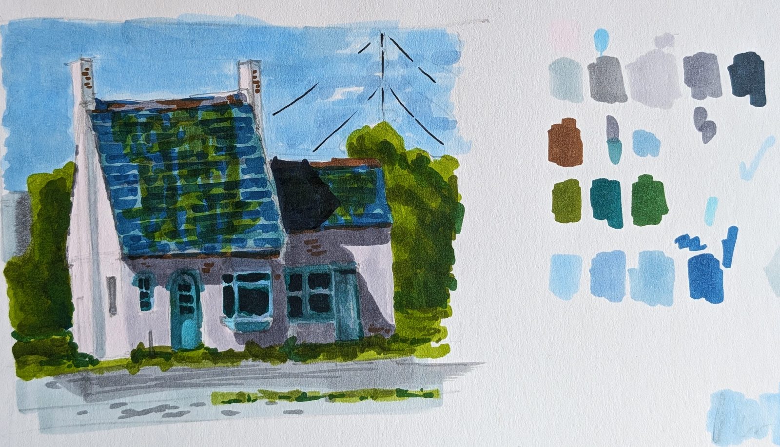 Alcohol marker sketch of a blue-roofed house with trees, value swatches alongside