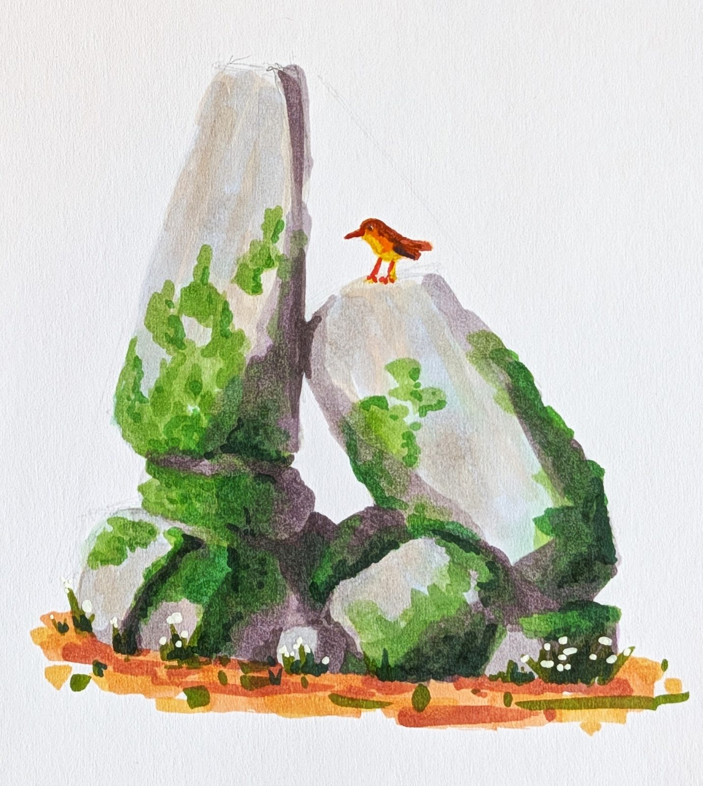 Alcohol marker sketch of moss-covered rocks with a small bird perched on top