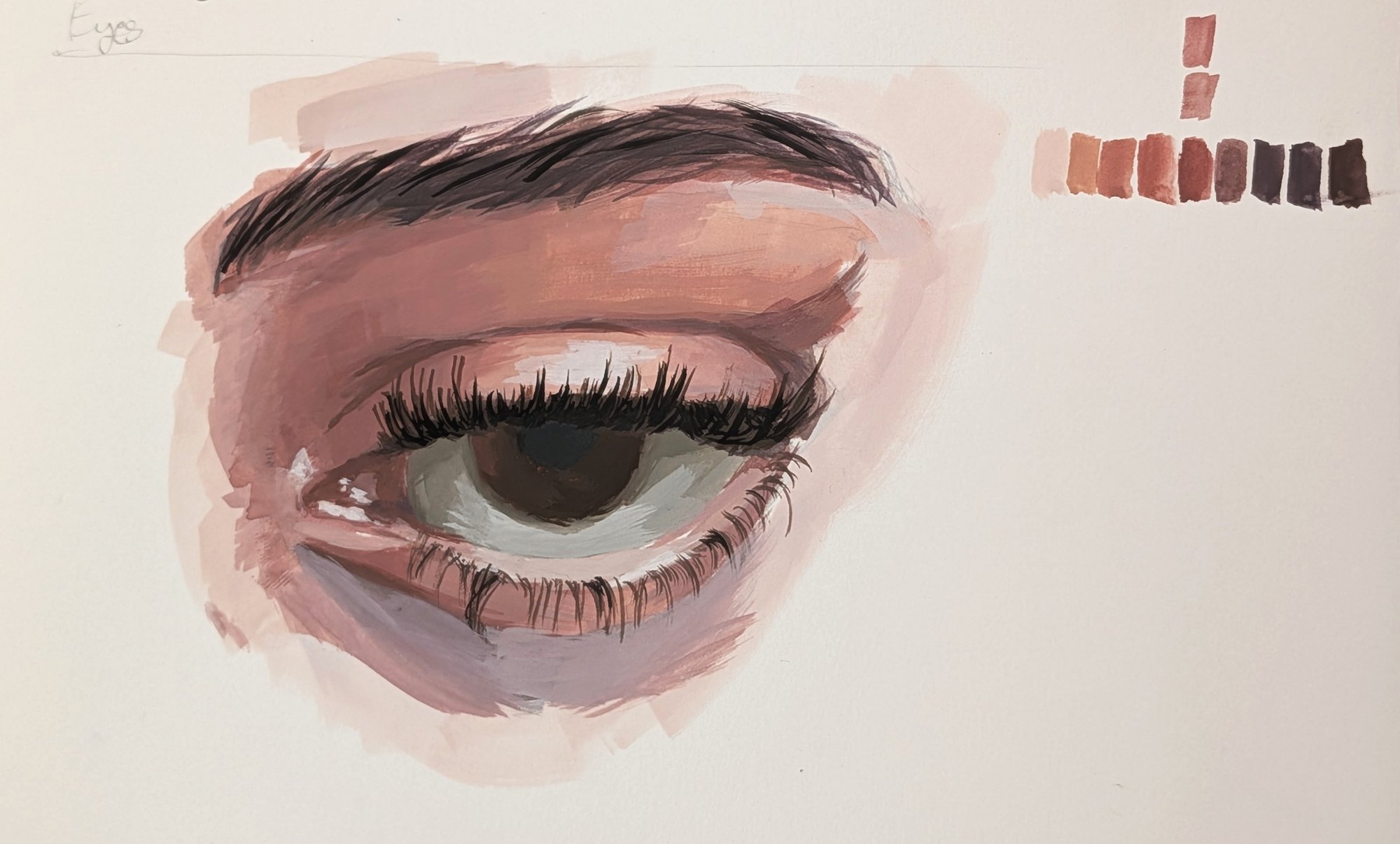 Gouache study of a single eye with a painted six-step value string beside it
