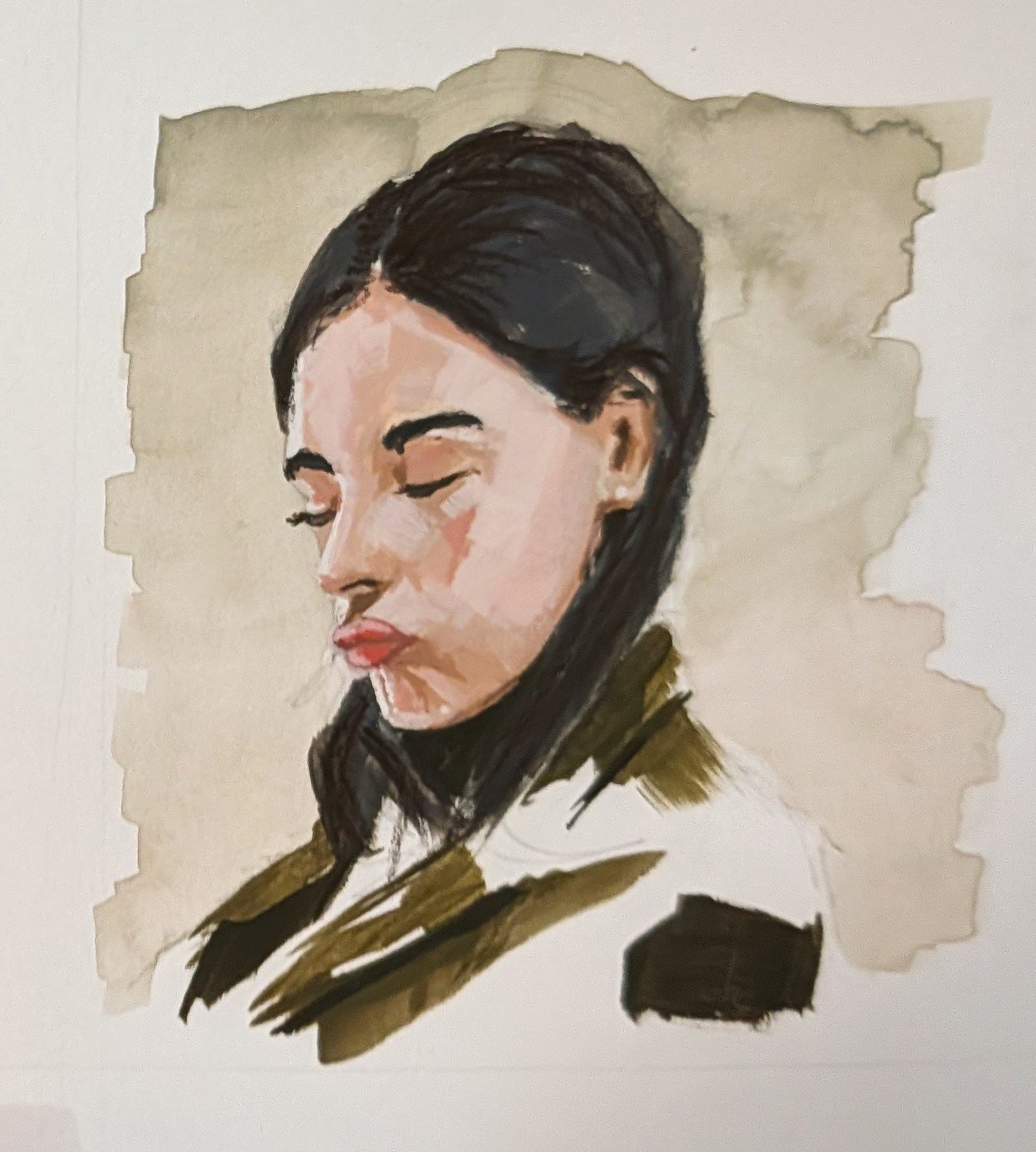 Gouache head of a woman with dark hair, eyes lowered, painted on the Zorn palette over a yellow-ochre wash
