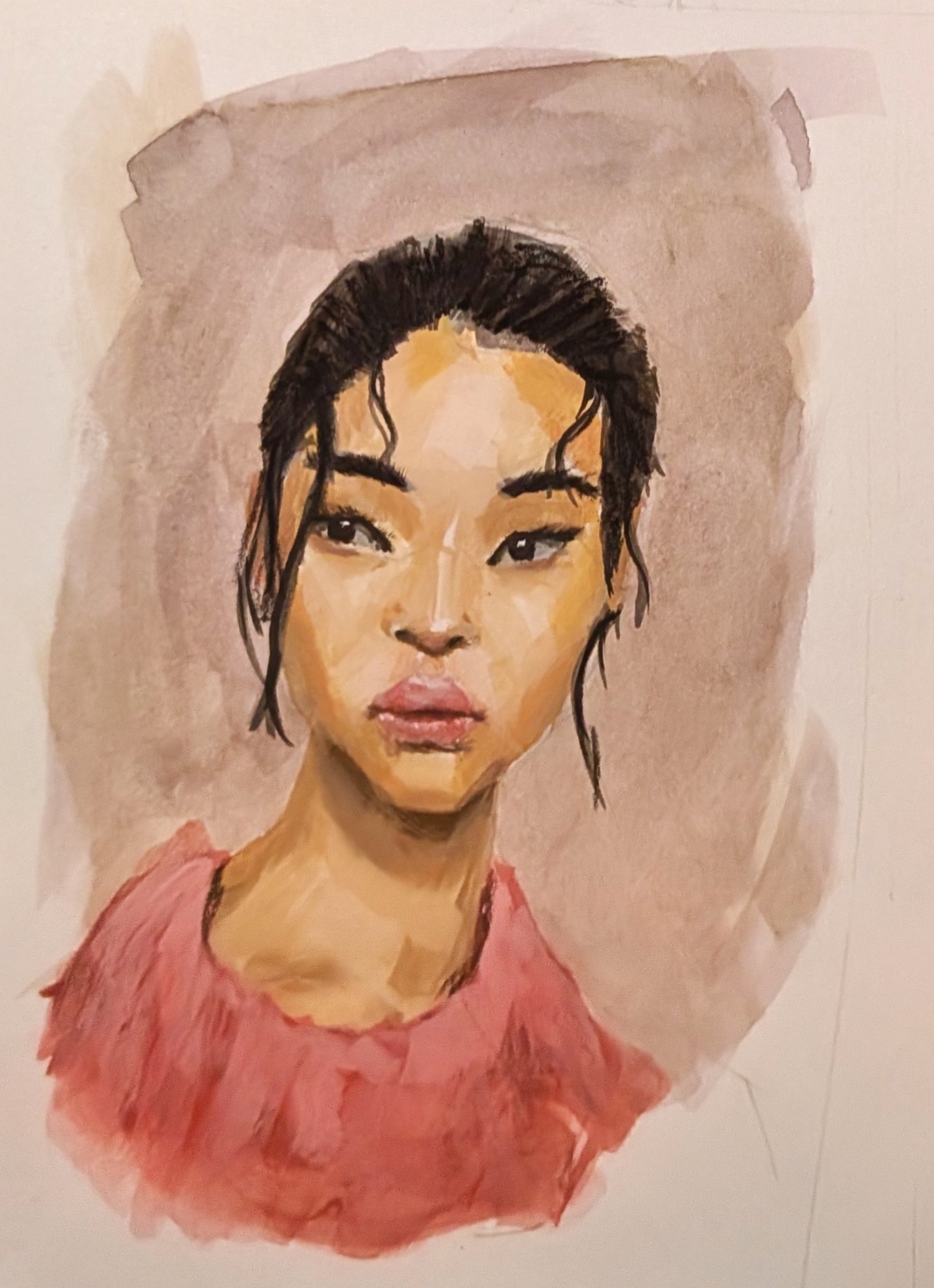 Gouache head of a woman with dark hair tied up and a pink top, warm brown complexion, on a muted mauve wash
