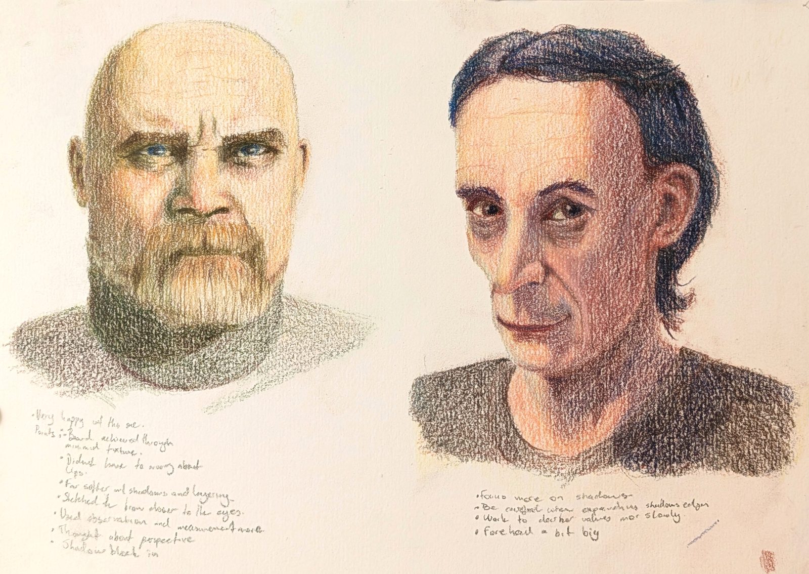 Two coloured pencil head studies: a bald bearded man in three-quarter view, and a dark-haired man facing forward