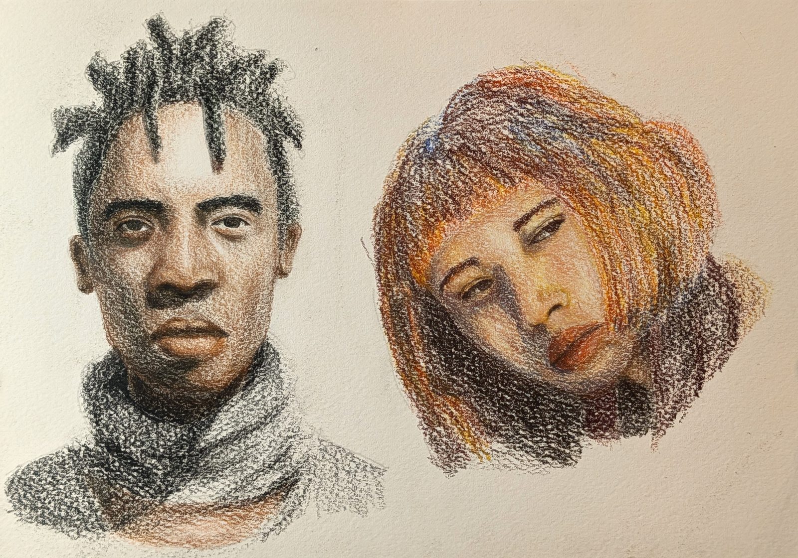 Two coloured pencil head studies: a man with dreadlocks rendered in Polychromos, and a woman with red-orange hair rendered in Caran d'Ache Luminance