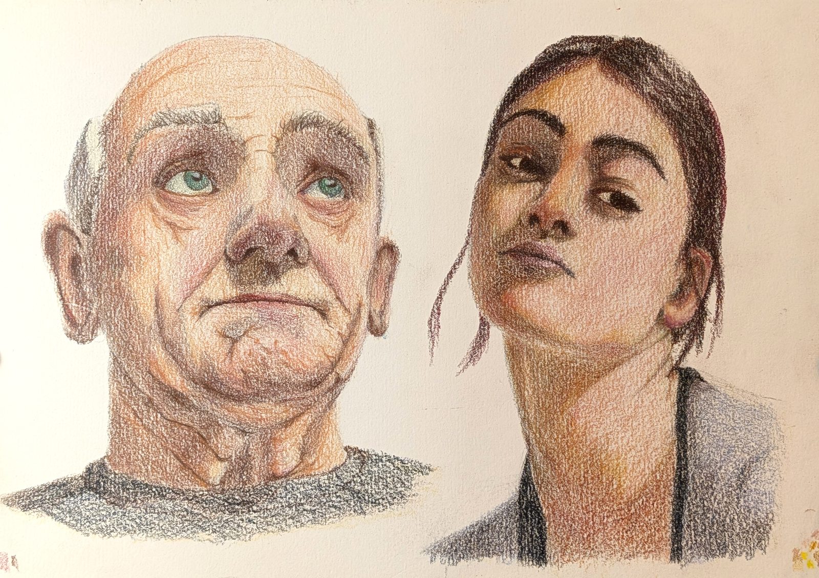 Two coloured pencil head studies: an older bald man with green eyes, and a dark-haired woman looking downward