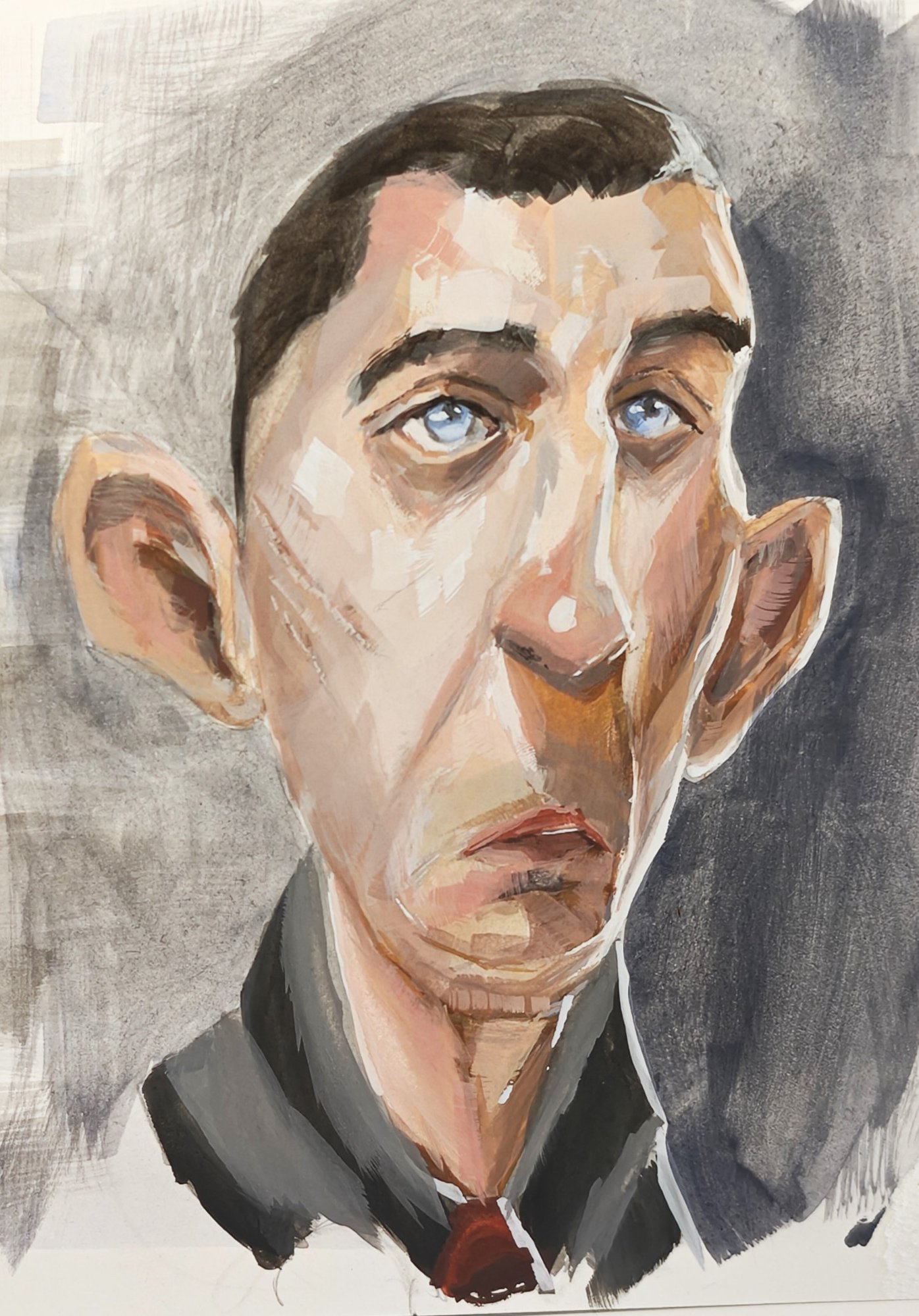 Gouache study after Ahmed Aldoori's Face Practice: a man with cropped hair and large ears looking up and to the left, warm skin against a grey wash