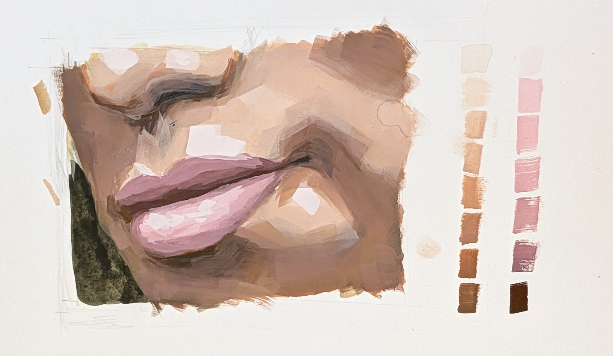 Gouache study of a mouth and the base of the nose, with two painted value strings beside it, one for skin and one for the lips