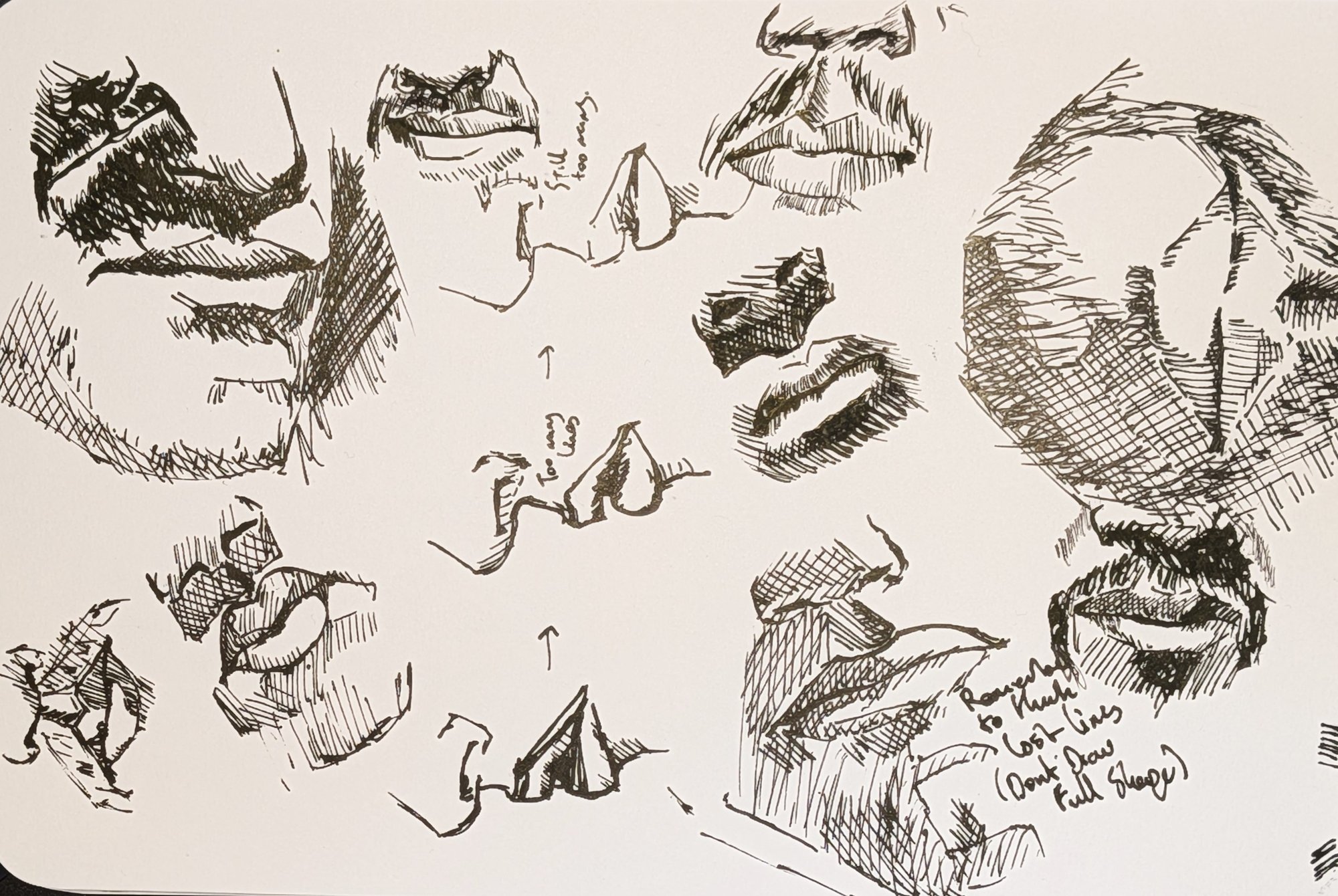 Sketchbook sheet of hatched ink mouth studies from several angles, drawn with no pencil underdrawing, with a handwritten note about keeping lost lines