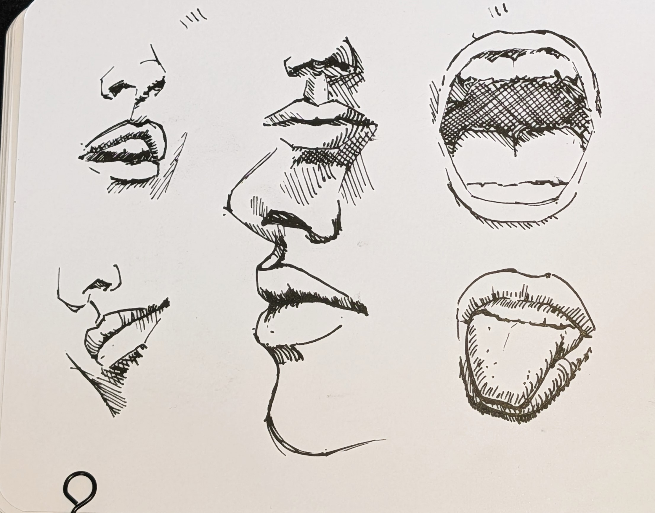 Second sketchbook sheet of ink mouth studies over pencil, in cleaner line: a profile, an open mouth and a tongue