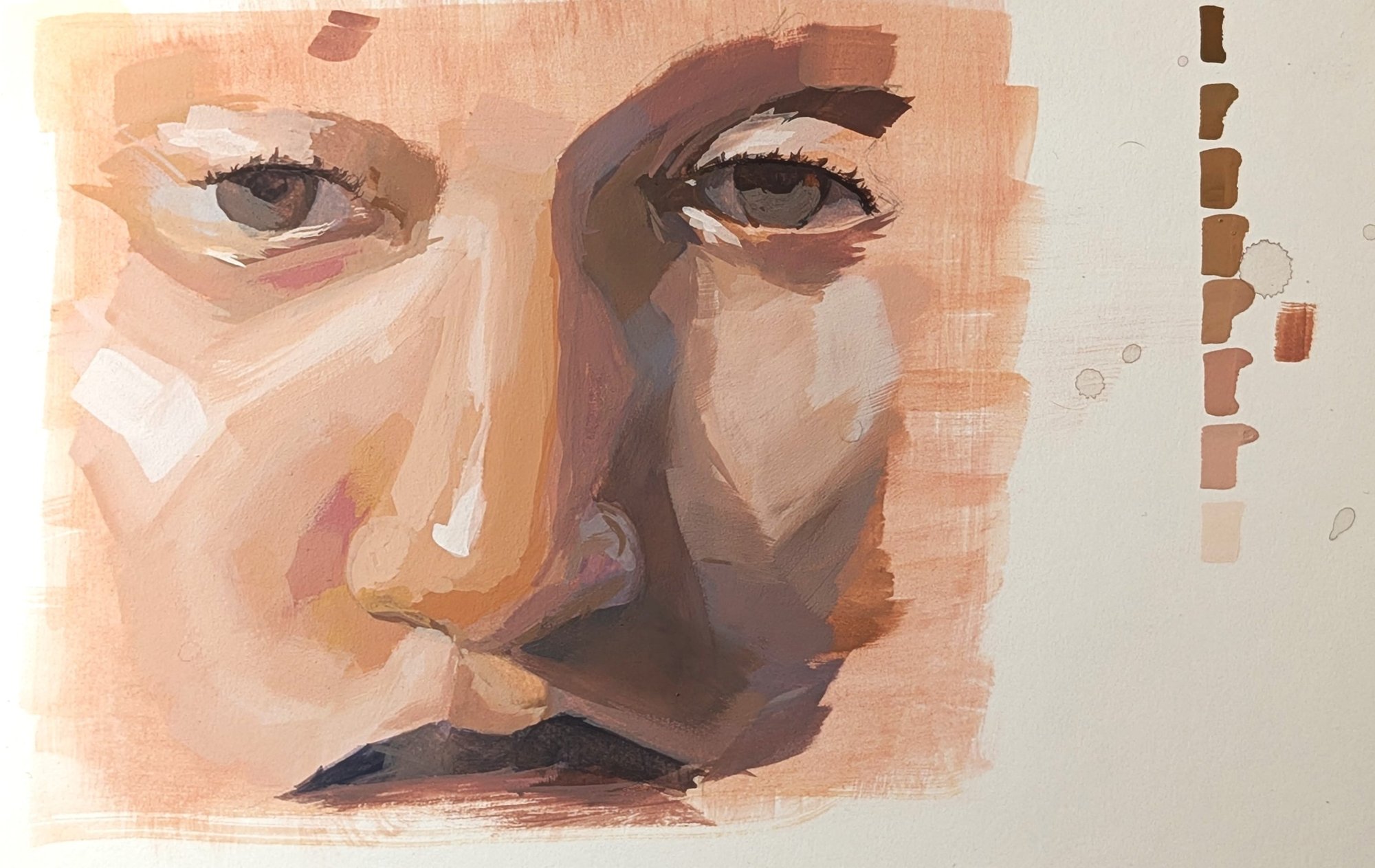 Gouache study of a nose with both eyes and the upper lip, a painted value string beside it