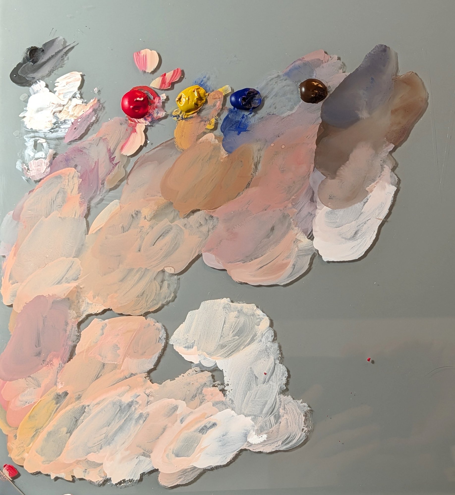 The gouache palette after the nose study, mixes spread across it