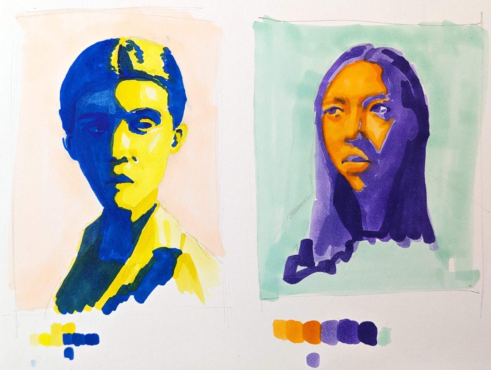 Two complementary-colour painted portrait studies extending the notan value-bucket approach into colour