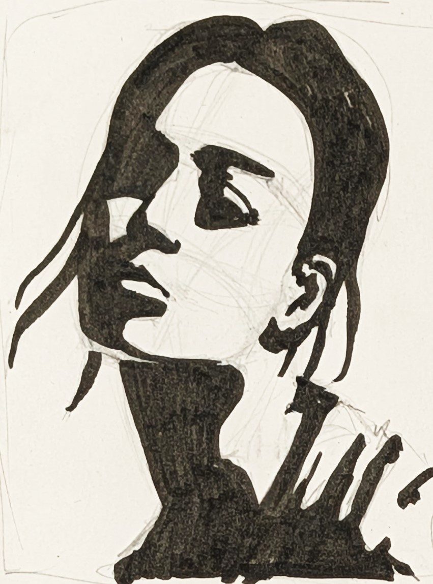 Ink portrait of a profile head with the pencil construction underdrawing still visible, from Notan for Portrait Design