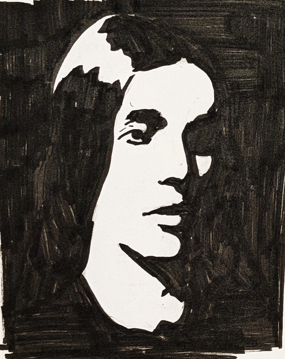 Ink notan study of a profile head against a dark hatched background