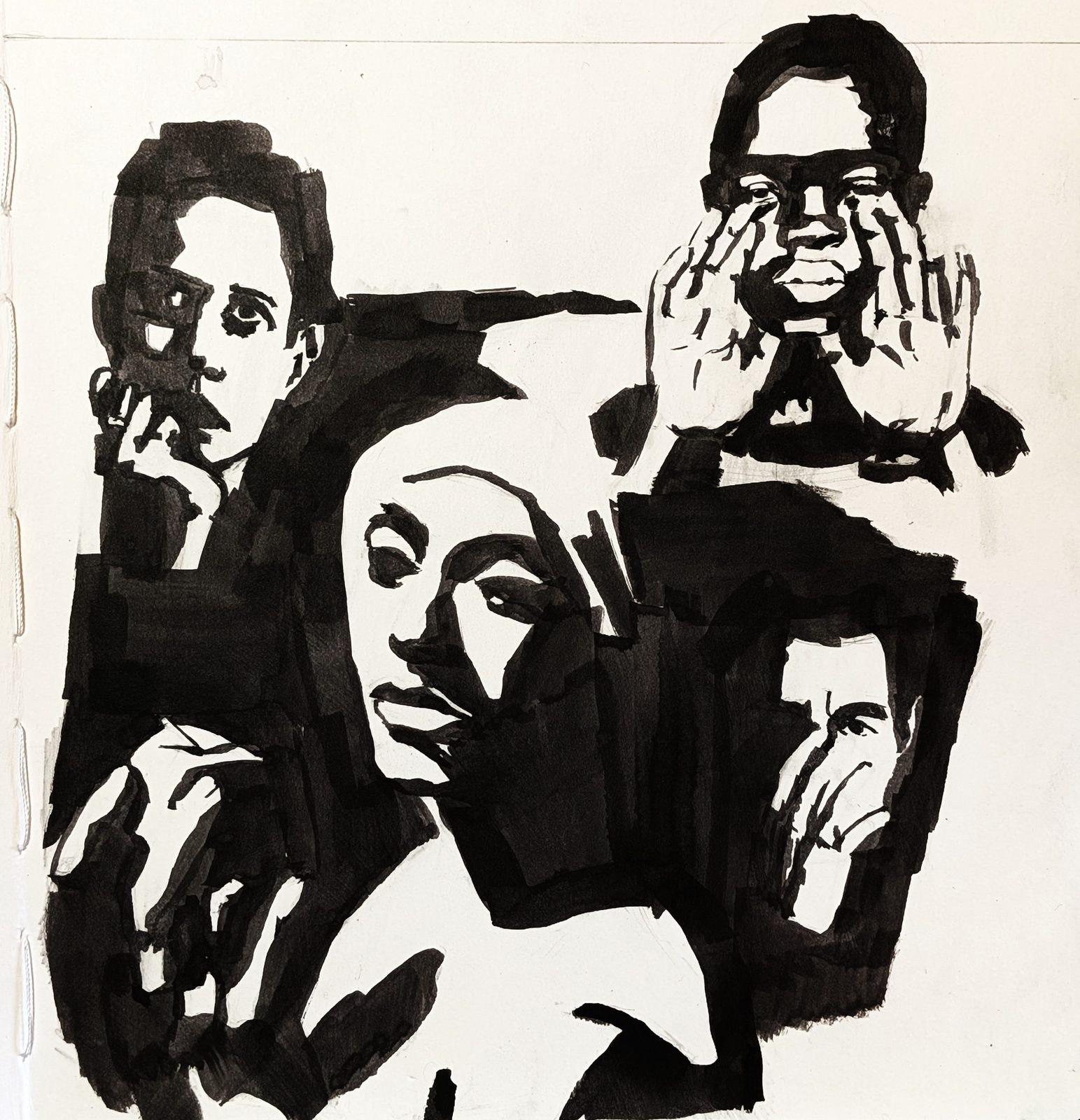 Ink sketchbook page of three heads clustered together, hands raised to the face throughout, drawn from a two-value notan study