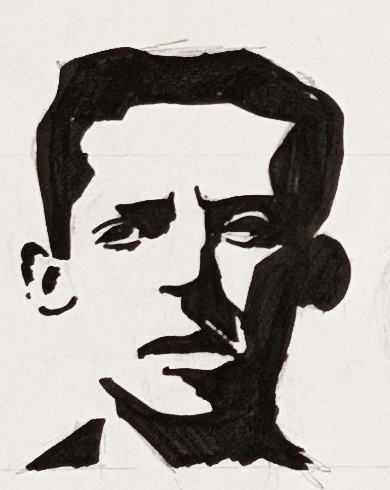 Ink notan study of a head in three-quarter profile