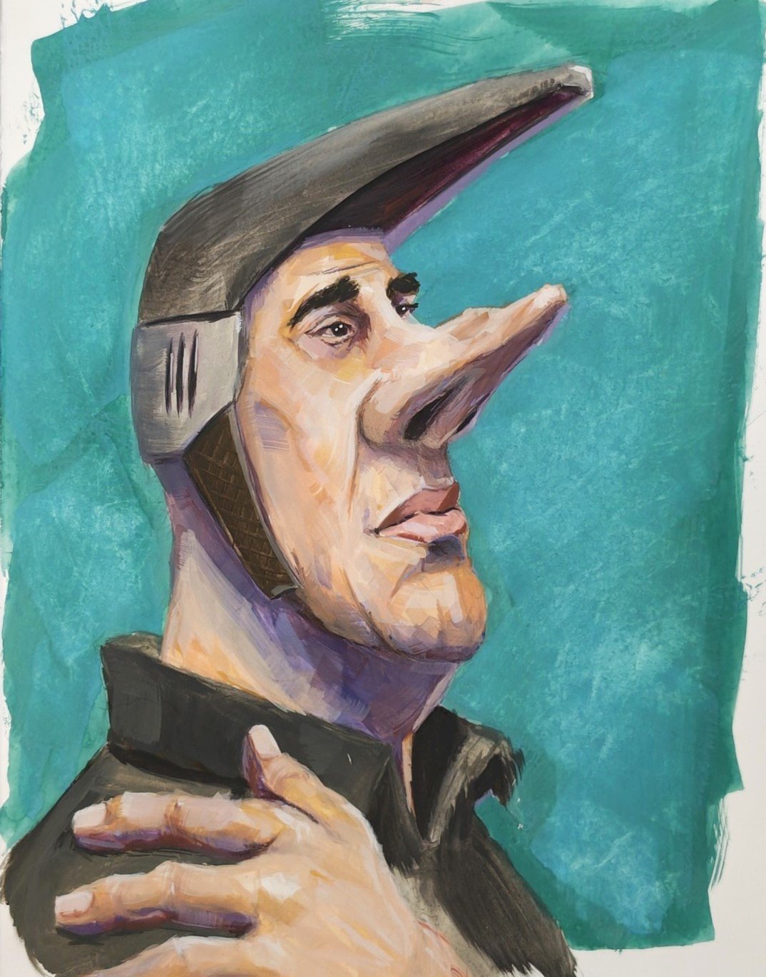 Finished gouache head of a long-nosed character in a grey peaked hood, looking up with a hand on his collar, against a turquoise background
