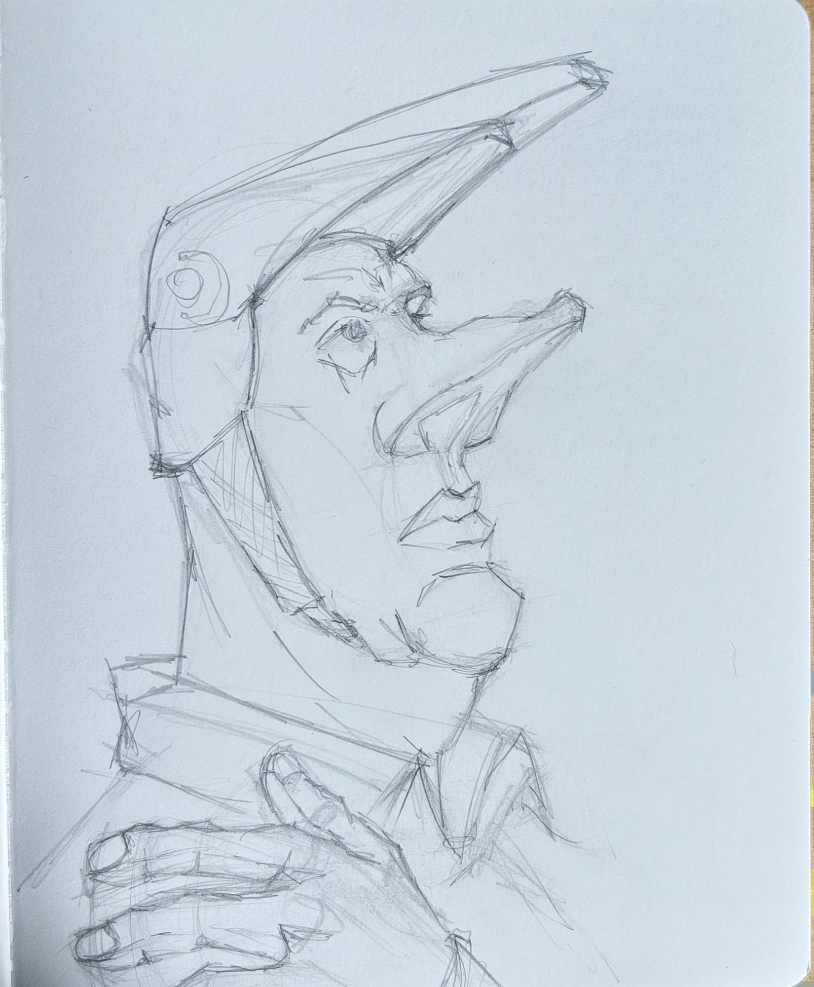 The same character redrawn larger in pencil on a sketchbook page, with the hood, nose and hand worked out