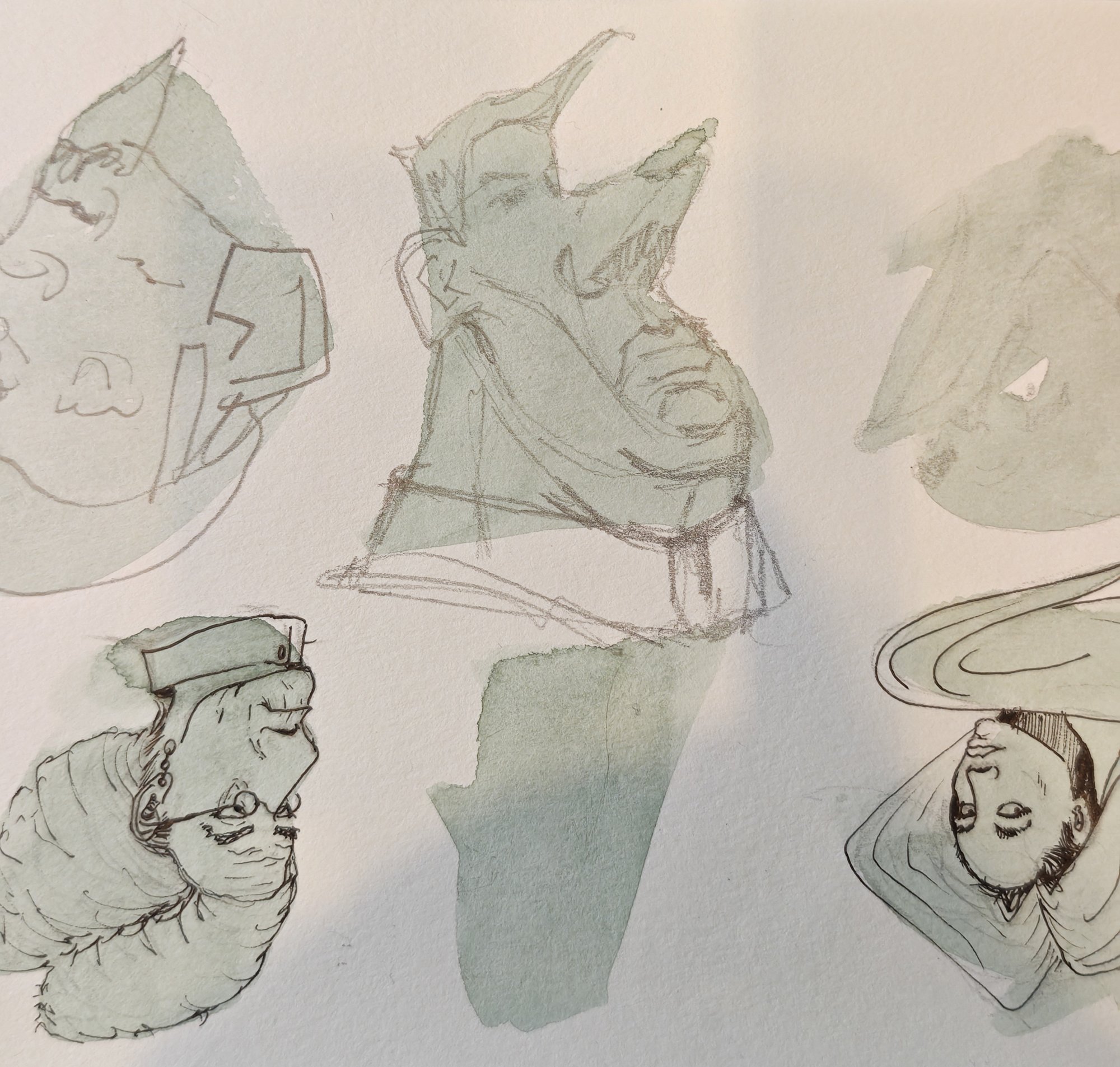 A sketchbook page of pale green watercolour blots, each with a face or figure pencilled into it; the top-middle blot holds the hooded character this painting came from