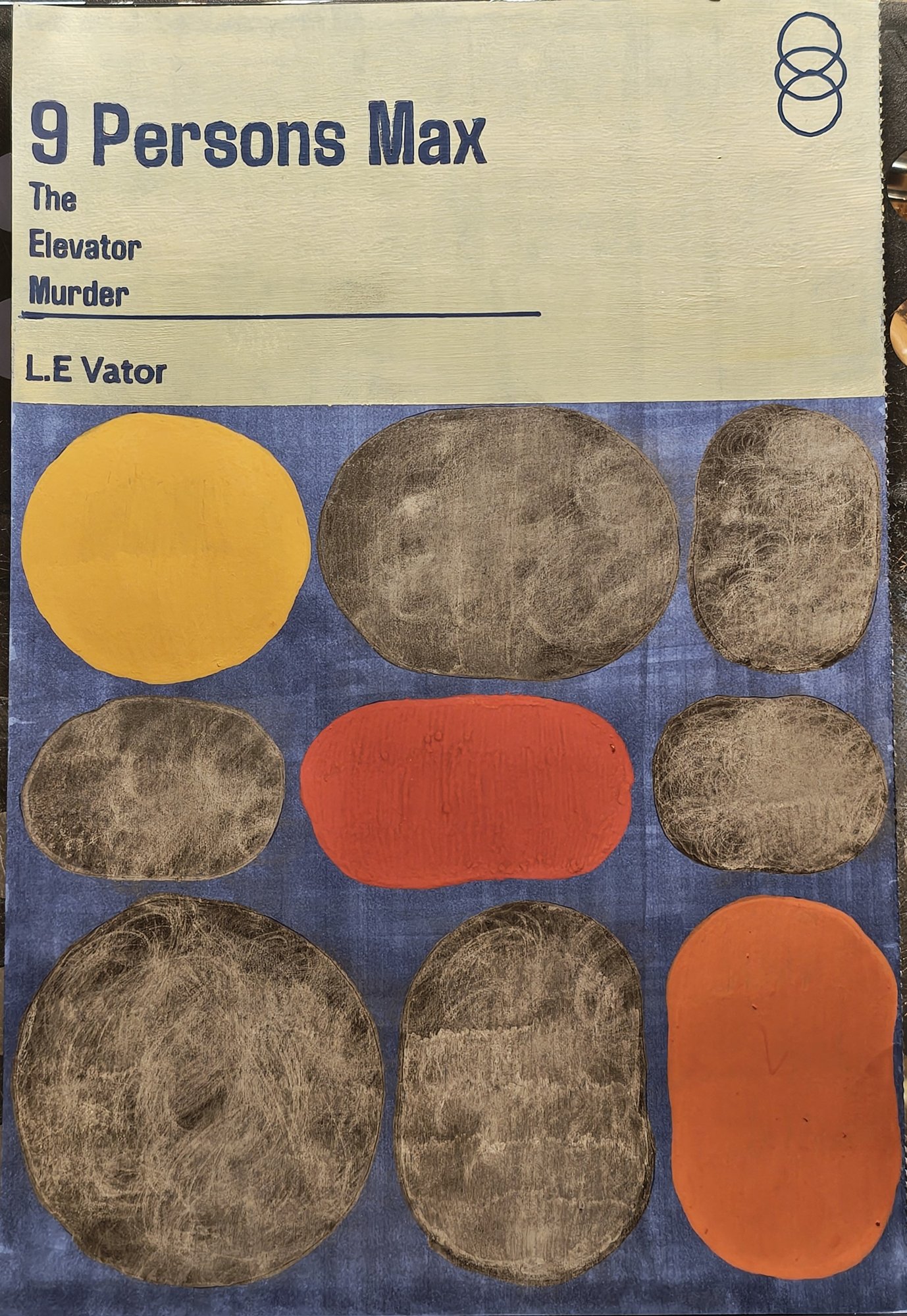 Faux book cover titled 9 Persons Max, The Elevator Murder by L.E. Vator: nine rounded shapes in grey, yellow and orange on a blue ground, cream title band above