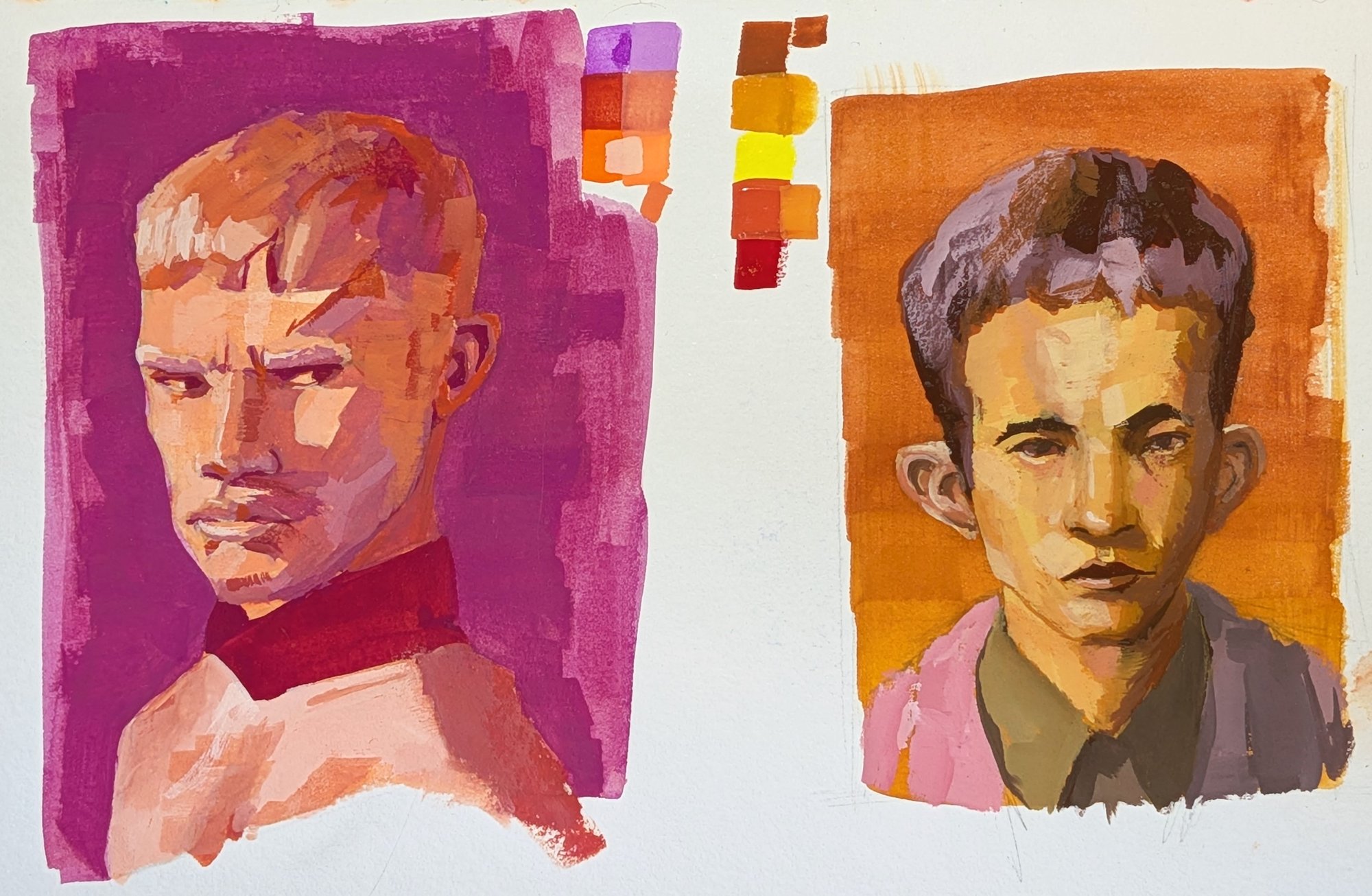Two small gouache portraits side by side, the left in magenta and orange, the right in yellow and carmine, with their swatch strings painted between them