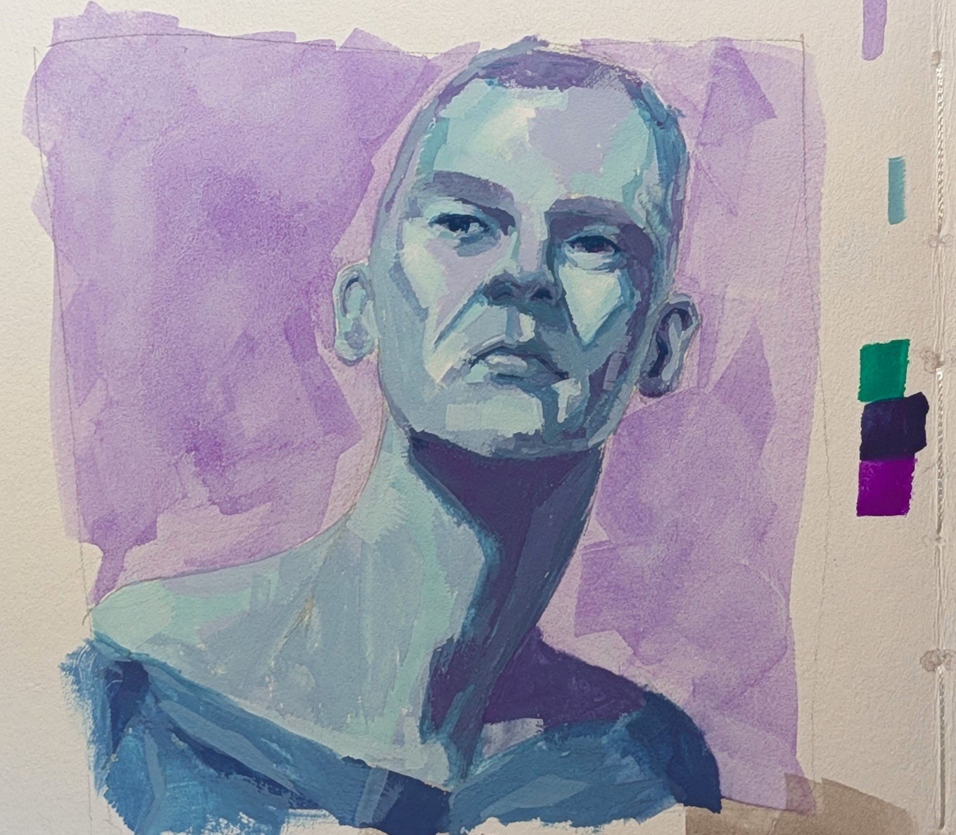 Gouache portrait in emerald green and violet, head tilted back, on cold-pressed paper