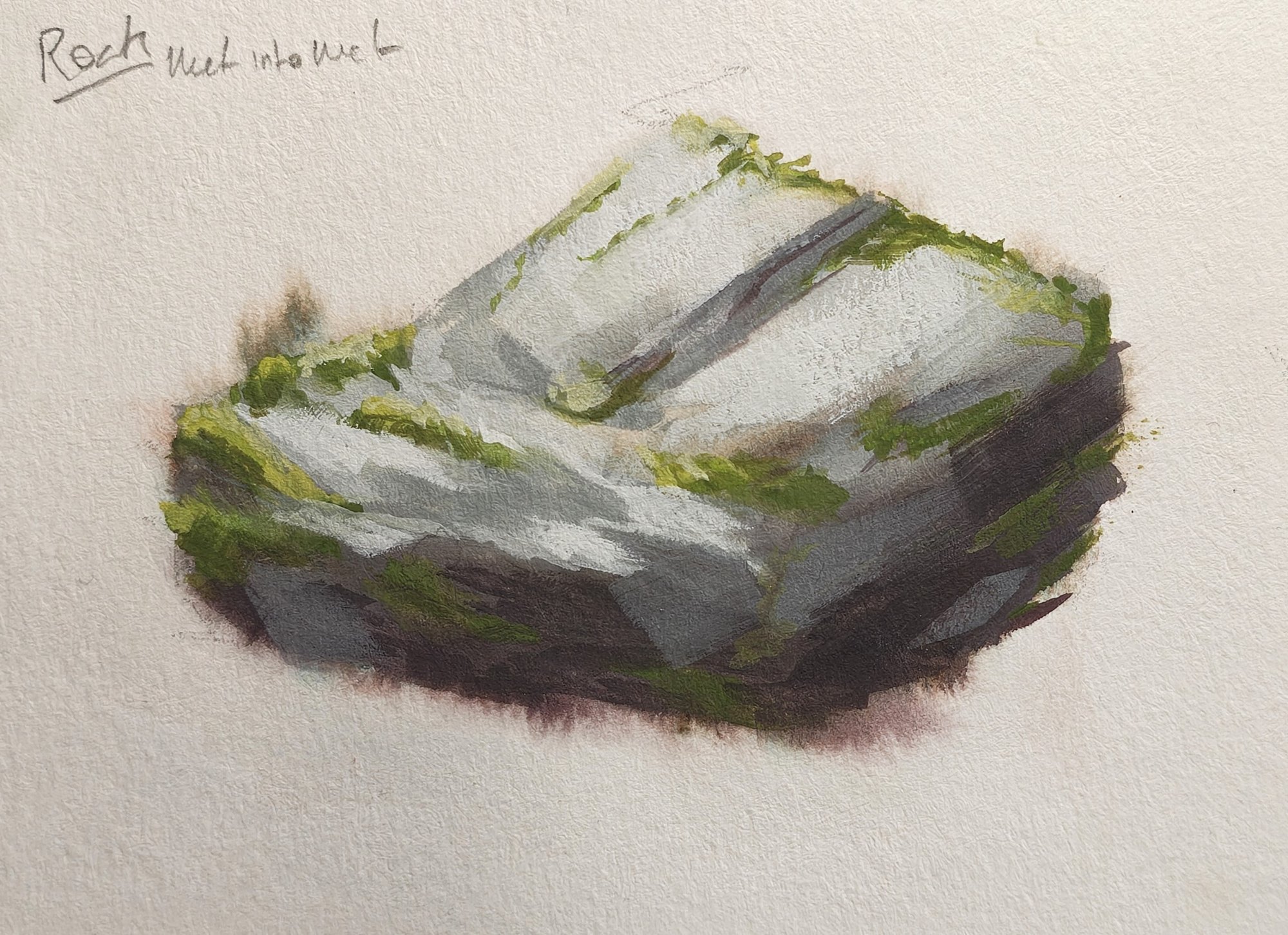 Gouache study of a mossy grey rock, painted wet-in-wet so the edges feather out into the paper
