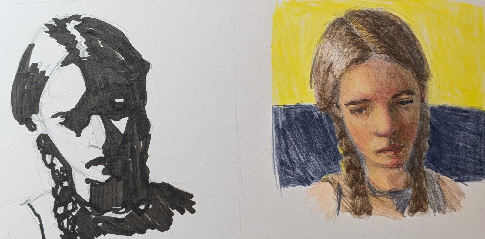 A notan value study on the left carried into a rough coloured pencil study using a fuller palette, including blue, on the right