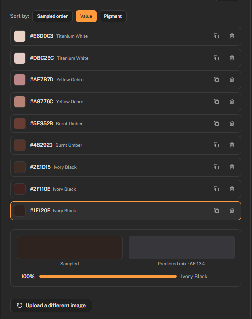 Paint Mixing swatch list sorted by value, showing sampled colours matched to named pigments