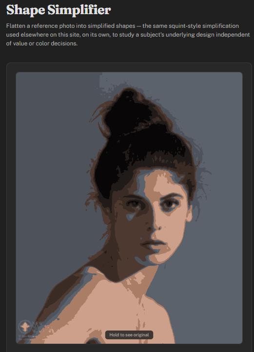 Shape Simplifier tool output flattening a portrait reference into simplified colour shapes