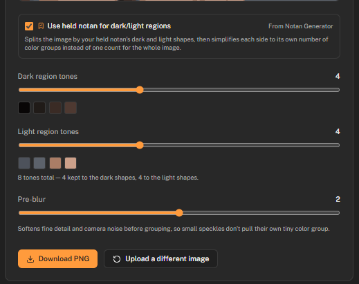 Shape Simplifier controls with the held notan mask option enabled, splitting dark and light regions