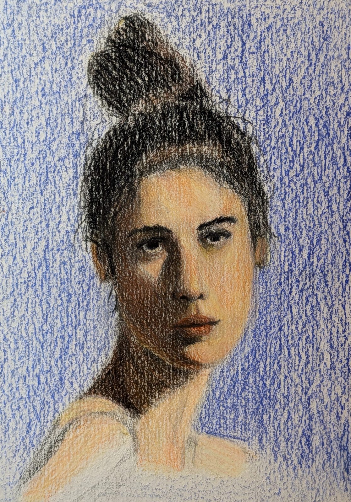 Finished mid-sized coloured pencil portrait using only the Zorn palette, with a cheating ultramarine blue background
