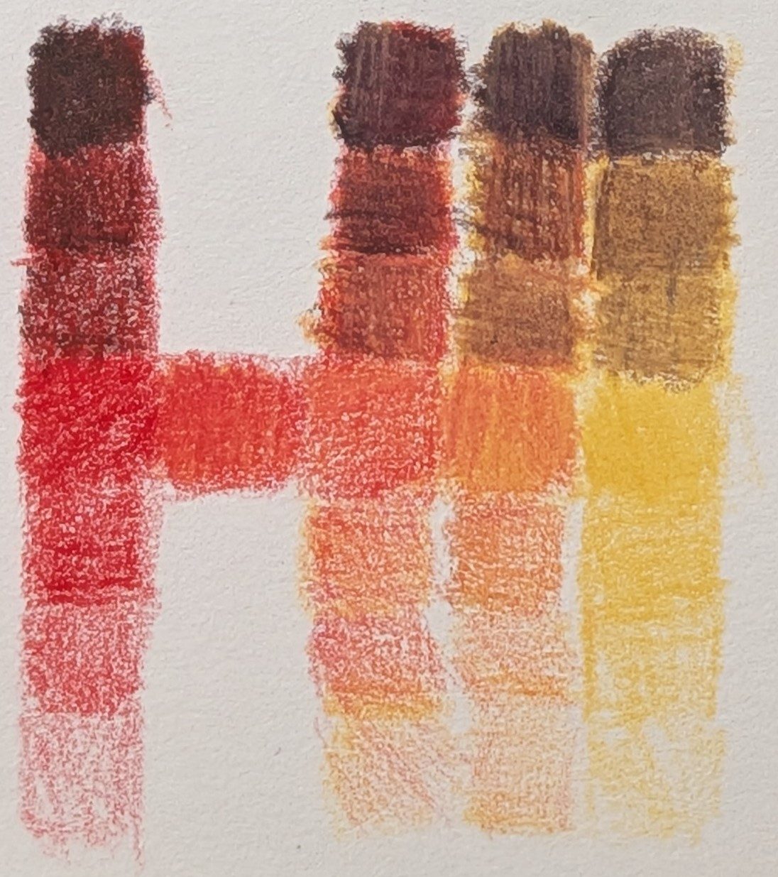 Layered coloured pencil swatches showing the tonal range achievable from just the four Zorn palette colours