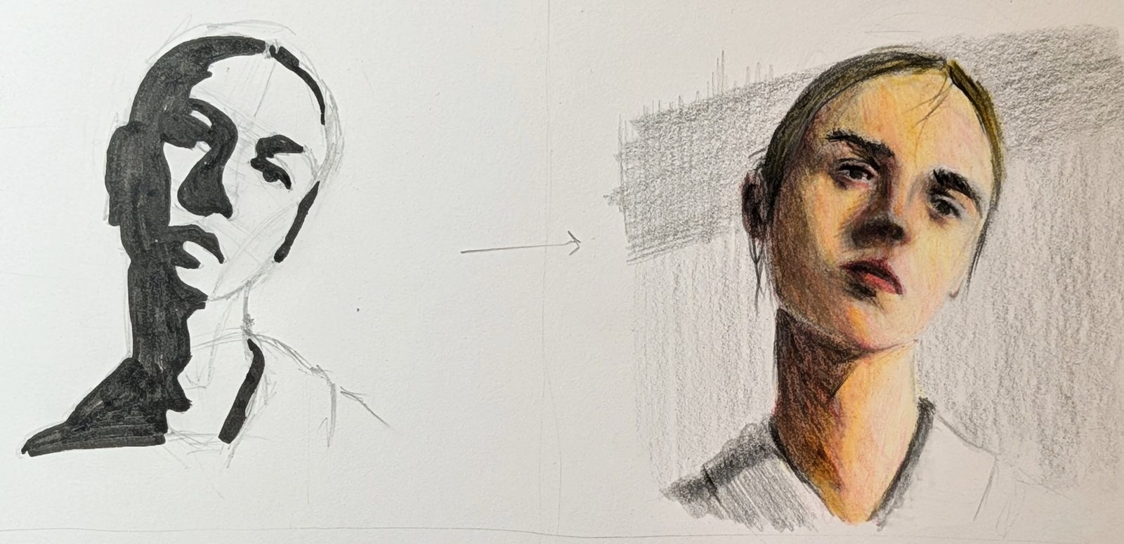 A notan value study on the left carried into a rough Zorn-palette coloured pencil study on the right