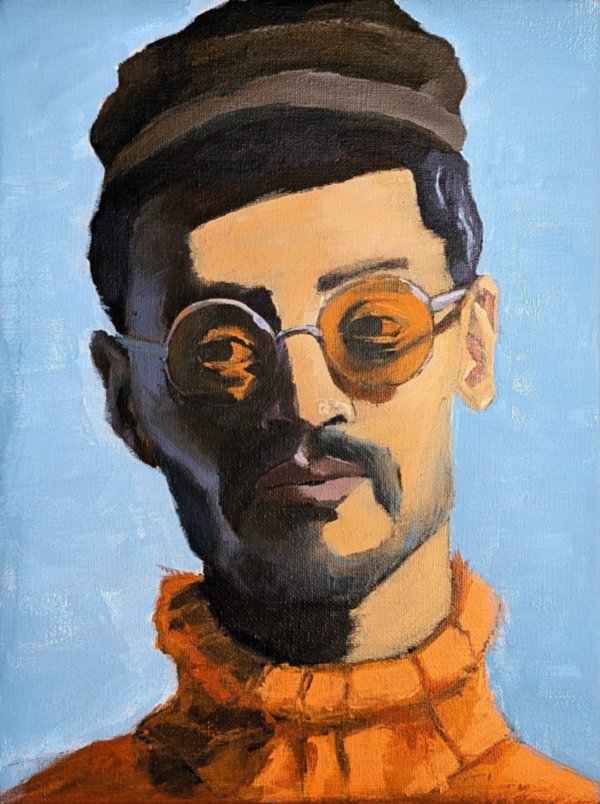 Acrylic portrait of a man in round orange-tinted glasses, dark hat and orange roll-neck jumper, against a flat sky-blue background
