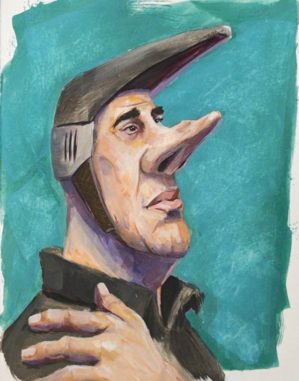 Gouache painting of a long-nosed character in a grey peaked hood, looking up with a hand on his collar, against a turquoise background