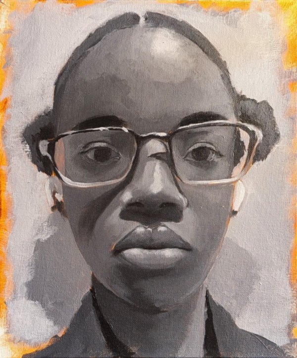 Greyscale acrylic portrait of a woman in large glasses looking straight out, with an orange underpainting showing at the edges of the canvas
